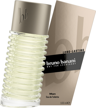Woda toaletowa Bruno Banani Man 100ml. Jasna, żebrowana butelka z metalową nakrętką stoi przed beżowym pudełkiem.