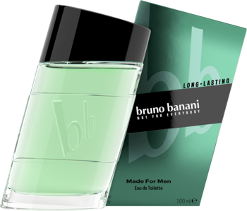 Zielona woda toaletowa Bruno Banani Made for Men w pochylonej butelce i ciemnozielonym pudełku.