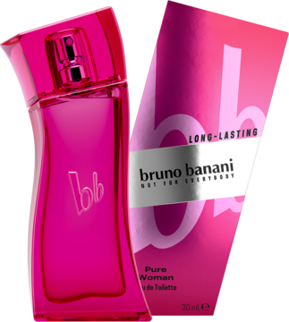 Woda toaletowa Bruno Banani Pure Woman w różowym asymetrycznym flakonie 30ml i pasujące opakowanie.