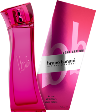 Woda toaletowa bruno banani Pure Woman 50ml: różowa butelka i pudełko z białym logo bb, widok pod kątem.