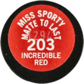 Czerwona, okrągła nakrętka matowej pomadki Miss Sporty Matte To Last, nr 203 Incredible Red, widok z góry.