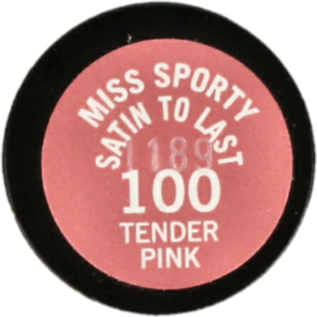 Spód pomadki Miss Sporty Satin to Last, odcień 100 Tender Pink, z różową etykietą i czarnym brzegiem.