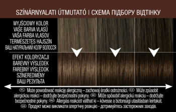 Syoss Color Glow: tabela z brązowymi odcieniami, porównanie koloru wyjściowego i efektu koloryzacji włosów.