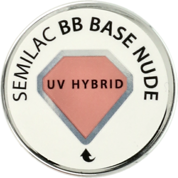 Srebrna nakrętka bazy Semilac BB Base Nude UV Hybrid, widok z góry, z beżowym wzornikiem.