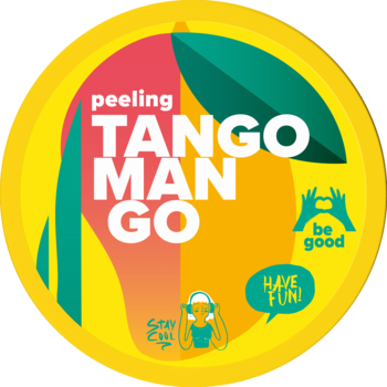 Okrągła, żółta etykieta cukrowego peelingu Mango TANGO MAN GO. Dynamiczny design z Nutri Shot EF.