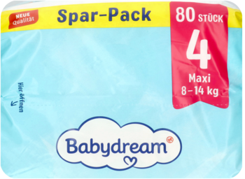 Błękitne opakowanie pieluszek Babydream rozmiar 4 Maxi 8-14 kg, 80 sztuk, z białym logo. Widok z przodu.