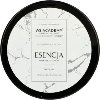 Okrągła maska do włosów WS Academy Esencja z systemem Plex, widok z góry na etykietę z marmurowym wzorem.