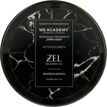 Czarny, okrągły żel do loków WS Academy z marmurowym wzorem, widok z góry, napis ŻEL DO LOKÓW I FAL.