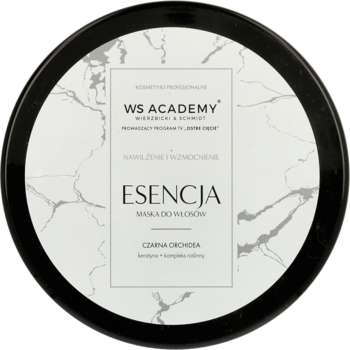 Okrągła maska do włosów WS ACADEMY Esencja Czarna Orchidea, czarne opakowanie z marmurkowym wzorem, widok z góry.
