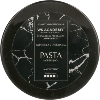 Czarne okrągłe opakowanie pasty modelującej WS Academy Kontrola + Dyscyplina, z marmurowym wzorem, matowy efekt, widok z góry.