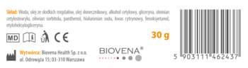 Tył opakowania kremu Panthenol Biovena 30g, białe z czarno-pomarańczowym tekstem, widoczny skład i kod kreskowy.