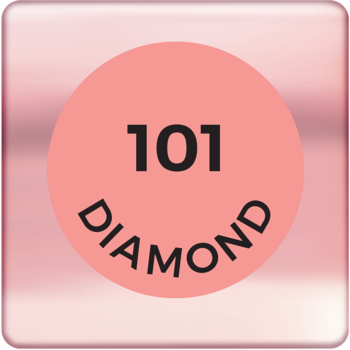 Błyszczące, różowozłote opakowanie pomadki DIAMOND 101 z okrągłą, różową etykietą i numerem odcienia.