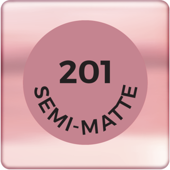 Pomadka Star Secrets Semi-Matte 201, zbliżenie na różowe, metaliczne opakowanie z etykietą "201 SEMI-MATTE".