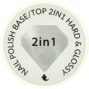 Okrągłe, jasnoszare wieczko produktu Baza/Top 2w1 Hard & Glossy do paznokci, z napisem 2in1 w diamentowej ramce.