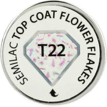 Semilac Top Coat Flower Flakes T22, biała nakrętka z połyskującymi płatkami holo, widok z góry.