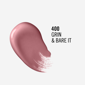 Rimmel Lasting Provocalips 400 Grin & Bare It: swatch płynnej pomadki w zgaszonym różu z tekstem obok.