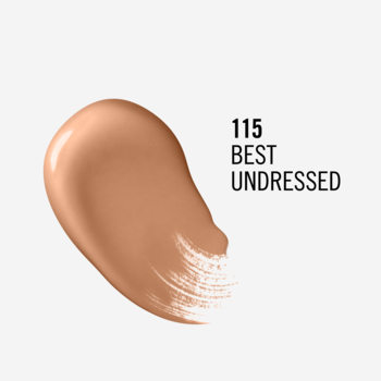 Próbka beżowo-brązowej pomadki w płynie Rimmel Lasting Provocalips 115 Best Undressed, widok swatcha z nazwą.