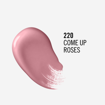 Kremowy swatch płynnej pomadki Rimmel London Lasting Provocalips 220 Come Up Roses, jasnoróżowy.