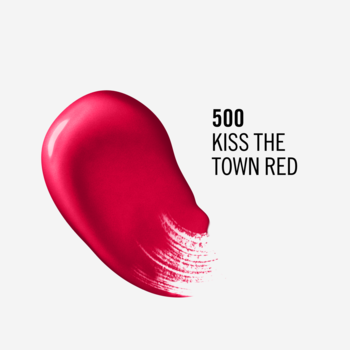 Błyszcząca smużka pomadki w płynie Rimmel Lasting Provocalips 500 Kiss The Town Red, intensywny odcień fuksji.