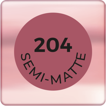 Różowy próbnik matowej pomadki 204, z numerem i napisem 'SEMI-MATTE' na metalicznym, kwadratowym tle.