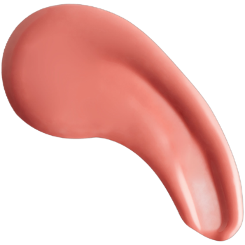 Revolution Pout Bomb Plumping Gloss KISS. Smuga lśniącego, różowego błyszczyka do ust na czarnym tle.