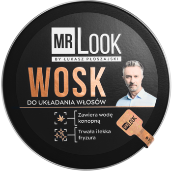 Czarny wosk Mr. Look do włosów w okrągłym opakowaniu z portretem i breloczkiem kluczem.