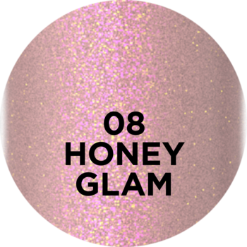 Różowy, brokatowy błyszczyk Eveline Diamond Glow Honey Glam na okrągłej próbce, z napisem 08 HONEY GLAM.