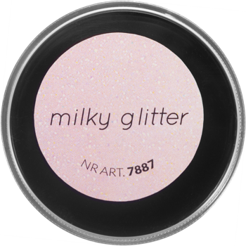 Akrylożel Neess Milky Glitter w okrągłym czarnym słoiczku, jasnoróżowy z brokatem, widok z góry.