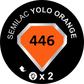 Logo Semilac Yolo Orange 446: jaskrawy pomarańczowy diament na czerni, z napisem i ikoną podwójnego utwardzania.