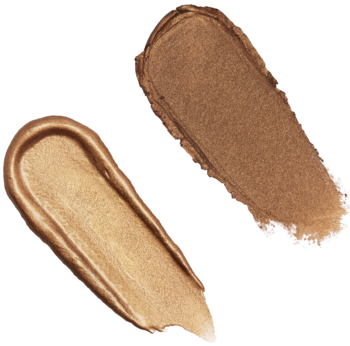 Dwa swatche cieni Revolution Pro Glam Eye Duo Bejewel: złocisty błyszczący i matowy brązowy na białym tle.