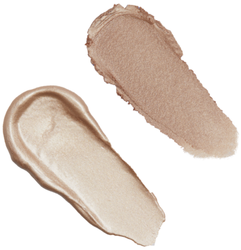 Dwa kremowe swatche Revolution Pro Glam Eye Duo Lustre: jasny, połyskujący i matowy cień do powiek.