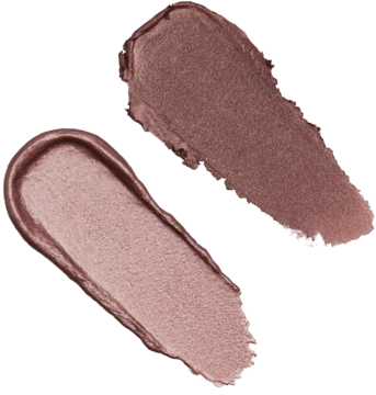Dwa kremowe swatche cienia Revolution Pro Glam Eye Duo Mesmerize: lśniący różowozłoty i ciemniejszy, satynowy brąz.