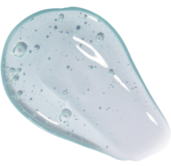 Revolution Pro Glossy Plump Mint: błyszcząca, błękitna kropla olejku do ust z bąbelkami, widok z góry.