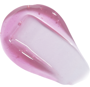 Revolution Pro Glossy Plump Cherry olejek do ust. Błyszczący, różowo-fioletowy swatch z bąbelkami na białym tle.