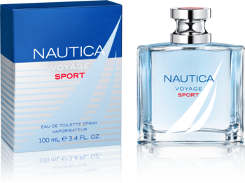 Nautica Voyage Sport męska woda toaletowa: niebieskie pudełko i jasnoniebieski szklany flakon z logo, widok z przodu.
