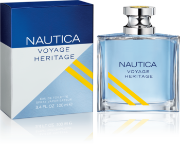 Nautica Voyage Heritage: szklany flakon EDT z jasnoniebieskim płynem i żółtymi pasami obok pasującego pudełka.