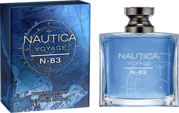 Nautica Voyage N-83 woda toaletowa męska: niebieskie opakowanie obok butelki z srebrnym korkiem, widok z przodu.