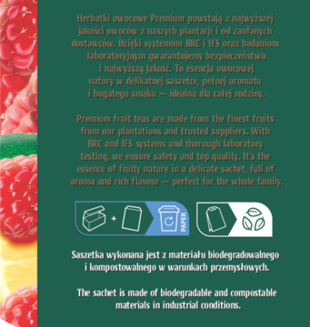 Tył opakowania herbatki owocowej malina z cytryną, ciemnozielone tło, tekst i ikony o biodegradowalnej saszetce.