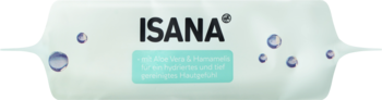 Opakowanie ISANA chusteczek do demakijażu 5w1, błękitne z kroplami wody, na jasnym tle, widok z przodu.
