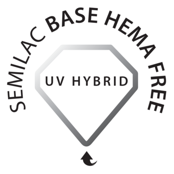 Biało-czarne logo Semilac Base Hema Free, okrągłe, z diamentowym symbolem UV Hybrid w centrum.