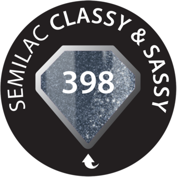Ikona lakieru Semilac Classy&Sassy 398: srebrny, brokatowy diament na czarnym tle, z tekstem.