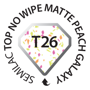 Okrągła naklejka Semilac Top No Wipe Matte Peach Galaxy T26; matowy top z diamentem i kolorowymi płatkami.