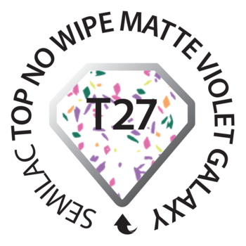 Okrągła etykieta Semilac Top No Wipe Matte Violet Galaxy T27. Białe logo matowego topu z barwnymi płatkami konfetti.