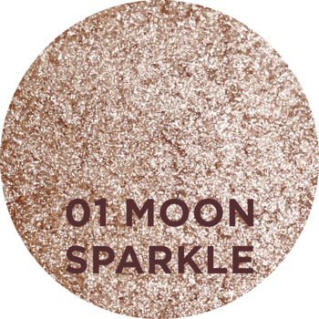 CIEŃ GLAMOUR 01 MOON SPARKLE, różowo-złoty brokatowy cień do powiek w okrągłym swatchu, zbliżenie.