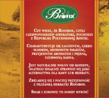 Etykieta herbaty BioFix Rooibos, czerwono-pomarańczowe tło, zielone logo, tekst o bezkofeinowej herbacie.