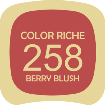 Próbnik satynowej pomadki Color Riche 258 Berry Blush, czerwono-beżowy, z numerem odcienia i nazwą.